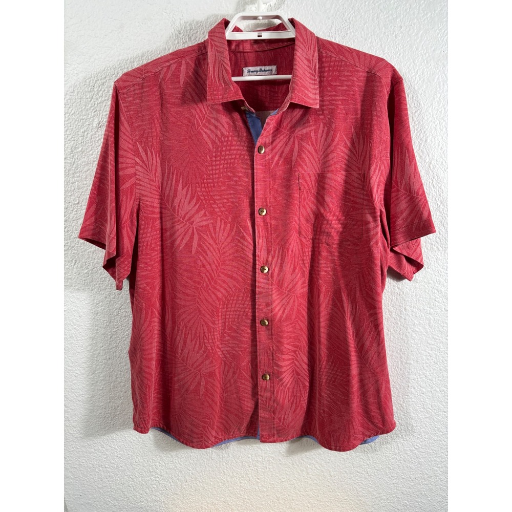 Tommy Bahama Mens XL Silk Button Up Shirt Light‎ Red Palm Leaf Print